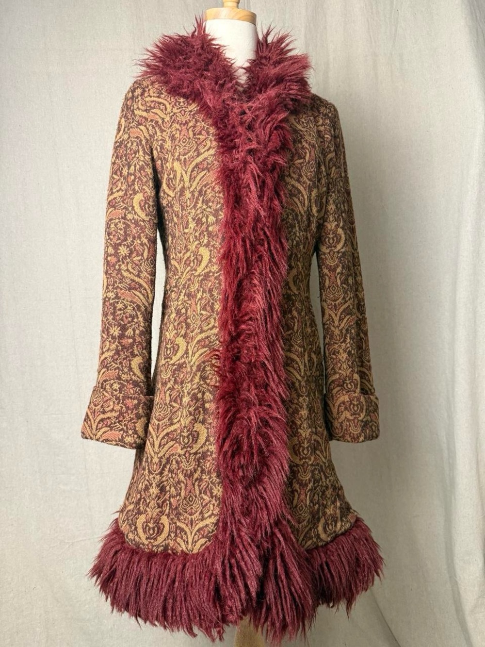 Vintage 90s Hennes Collection Tapestry Penny Lane Coat • Burgundy Paisley • Shag